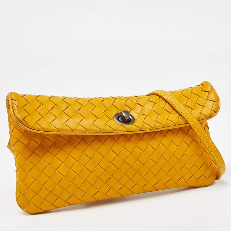 Pre Owned Bottega Veneta Yellow Intrecciato Leather Flap Crossbody Bag