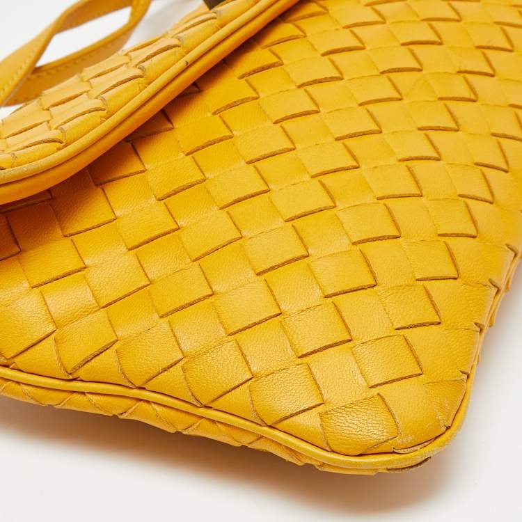 Pre Owned Bottega Veneta Yellow Intrecciato Leather Flap Crossbody Bag