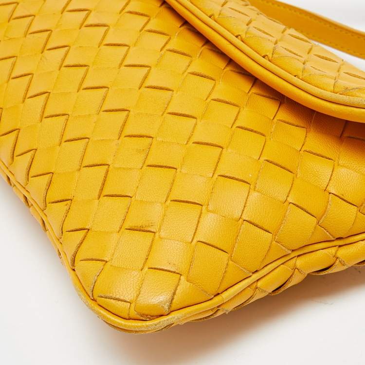 Pre Owned Bottega Veneta Yellow Intrecciato Leather Flap Crossbody Bag