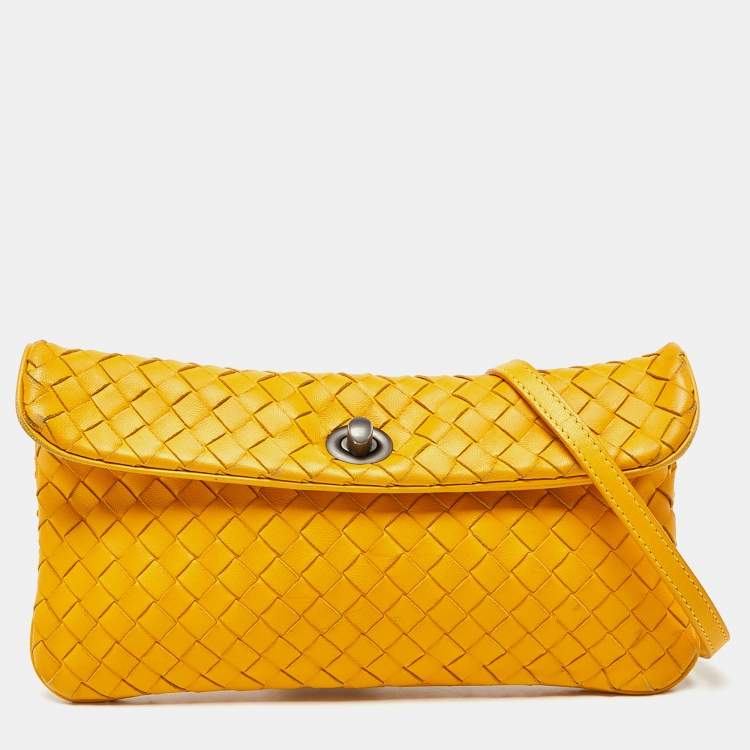 Pre Owned Bottega Veneta Yellow Intrecciato Leather Flap Crossbody Bag