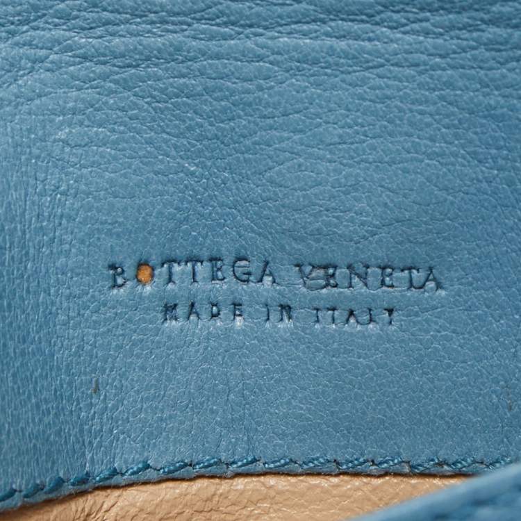 Pre Owned Bottega Veneta Light Blue Intrecciato Leather Card Case Flap On Chain