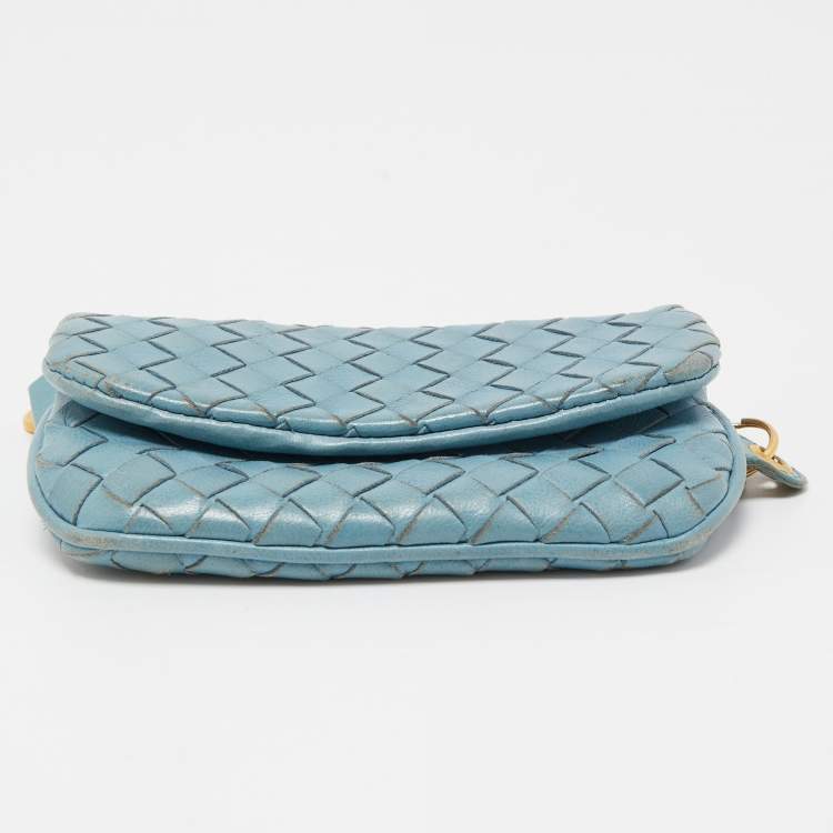 Pre Owned Bottega Veneta Light Blue Intrecciato Leather Card Case Flap On Chain