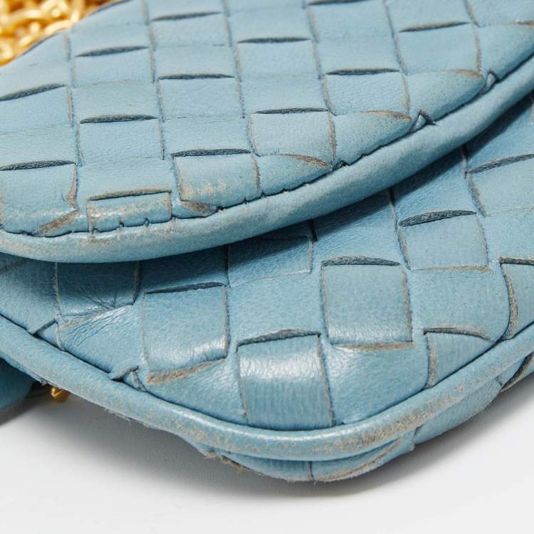 Pre Owned Bottega Veneta Light Blue Intrecciato Leather Card Case Flap On Chain