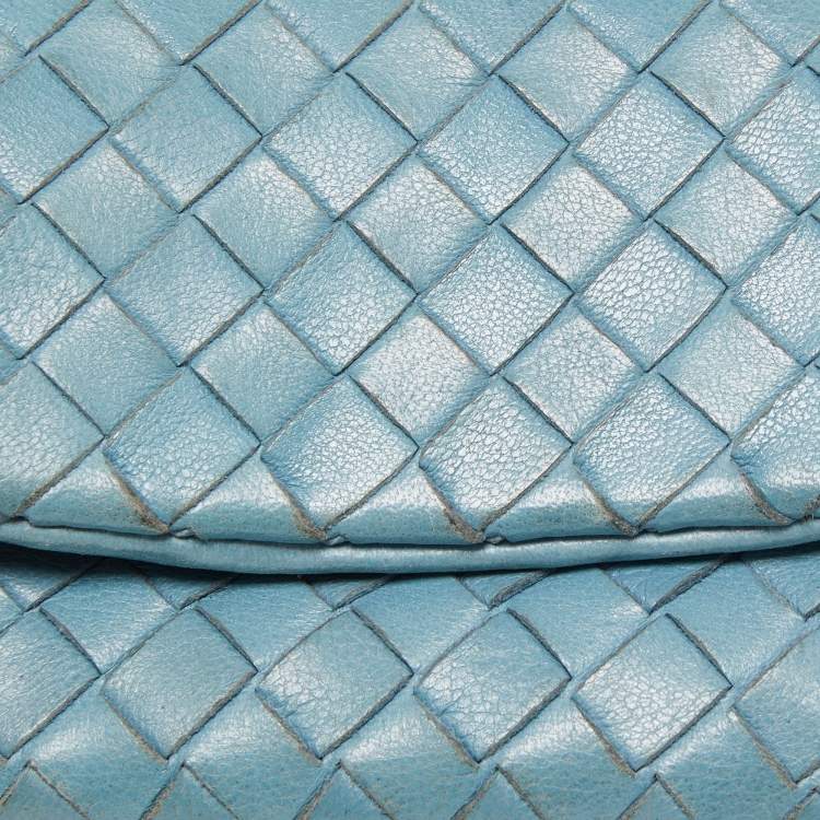 Pre Owned Bottega Veneta Light Blue Intrecciato Leather Card Case Flap On Chain
