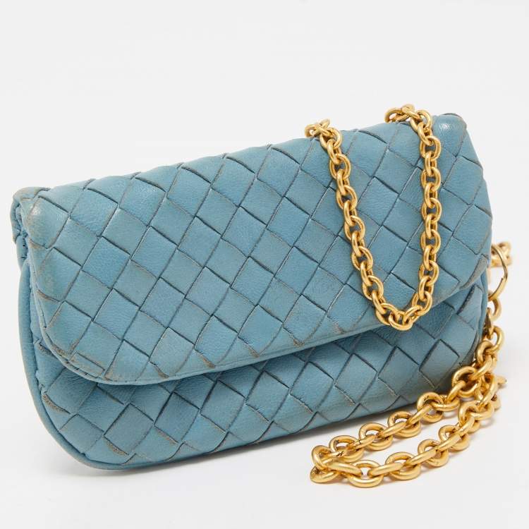 Pre Owned Bottega Veneta Light Blue Intrecciato Leather Card Case Flap On Chain