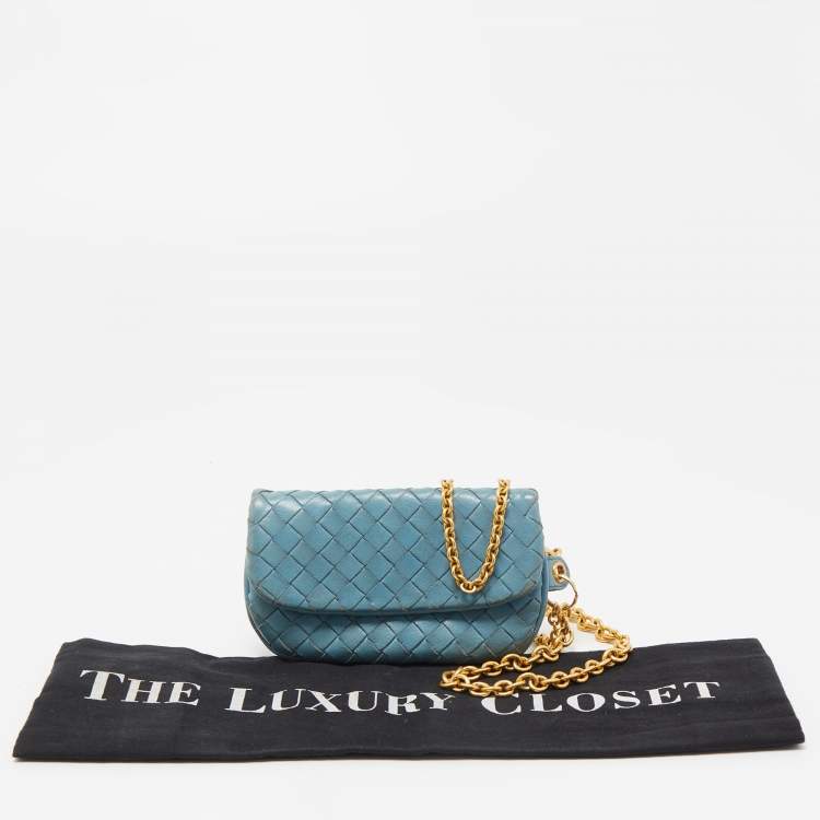 Pre Owned Bottega Veneta Light Blue Intrecciato Leather Card Case Flap On Chain
