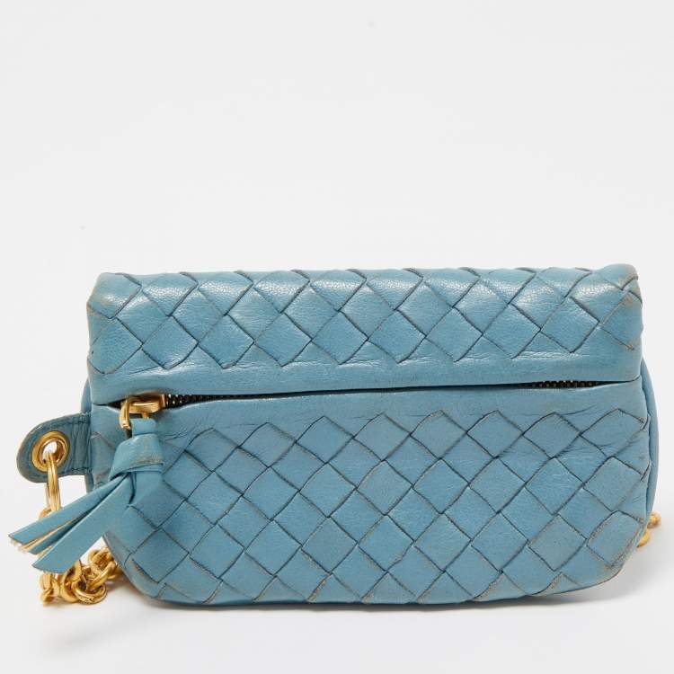 Pre Owned Bottega Veneta Light Blue Intrecciato Leather Card Case Flap On Chain