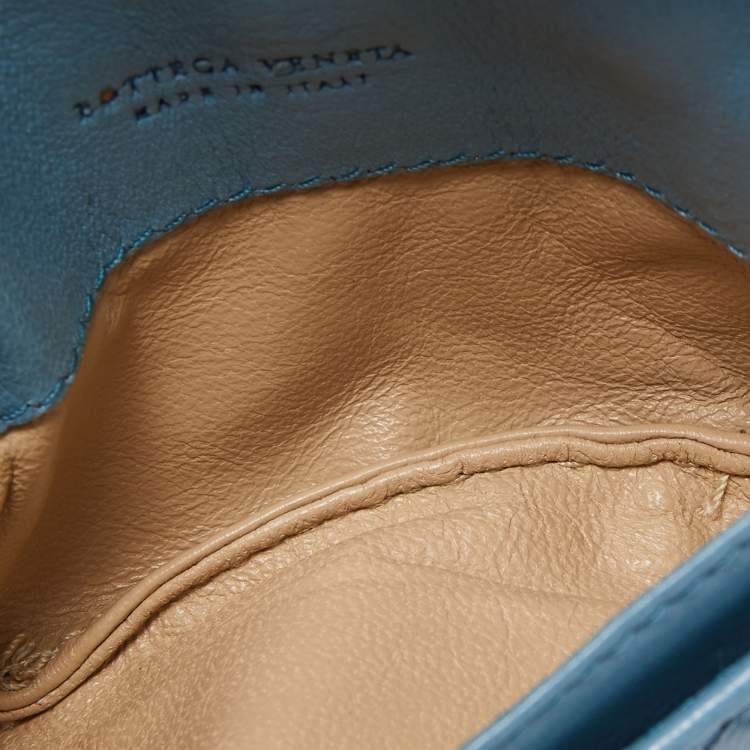 Pre Owned Bottega Veneta Light Blue Intrecciato Leather Card Case Flap On Chain