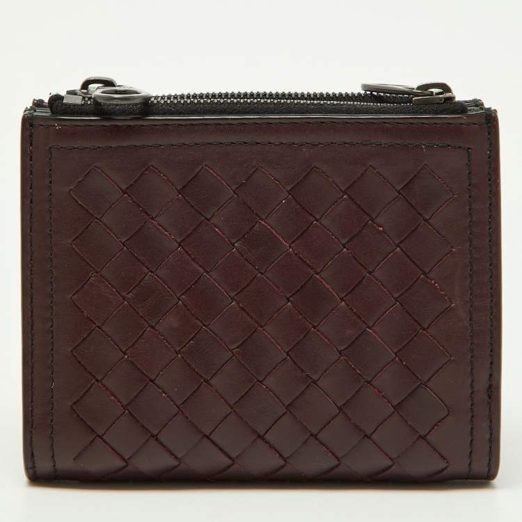 Pre Owned Bottega Veneta Burgundy Intrecciato Leather Bifold Wallet