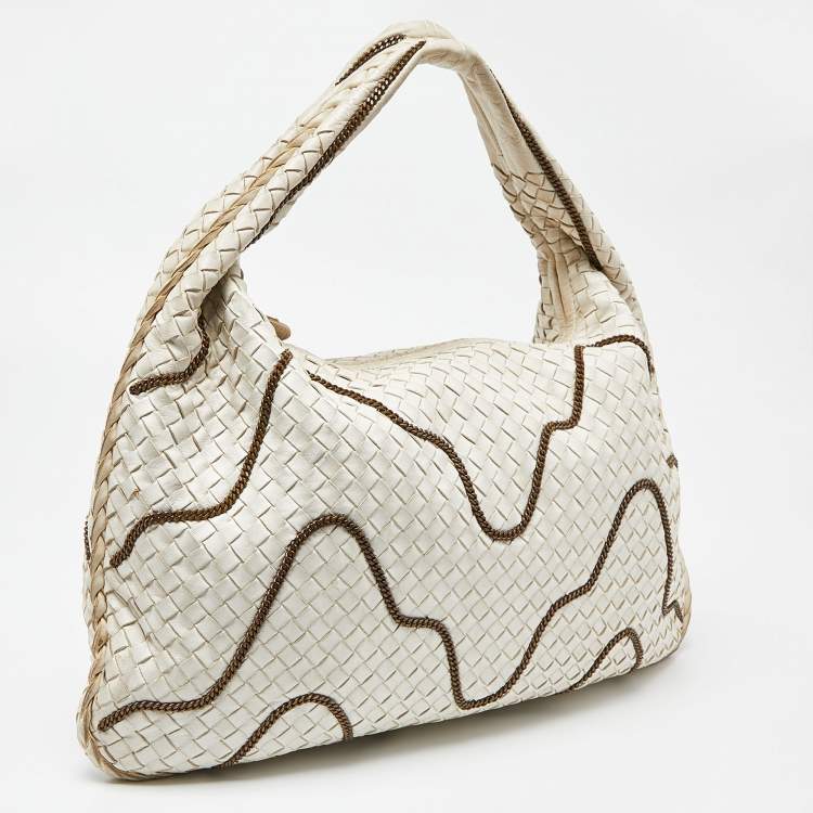 Pre Owned Bottega Veneta Off White Intrecciato Leather Chain Link Veneta Hobo