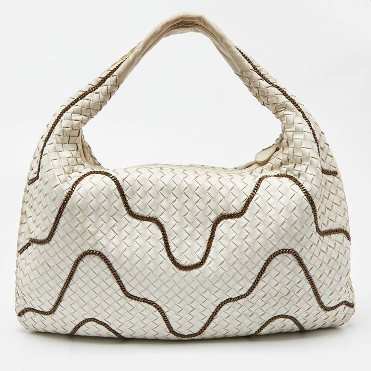 Pre Owned Bottega Veneta Off White Intrecciato Leather Chain Link Veneta Hobo