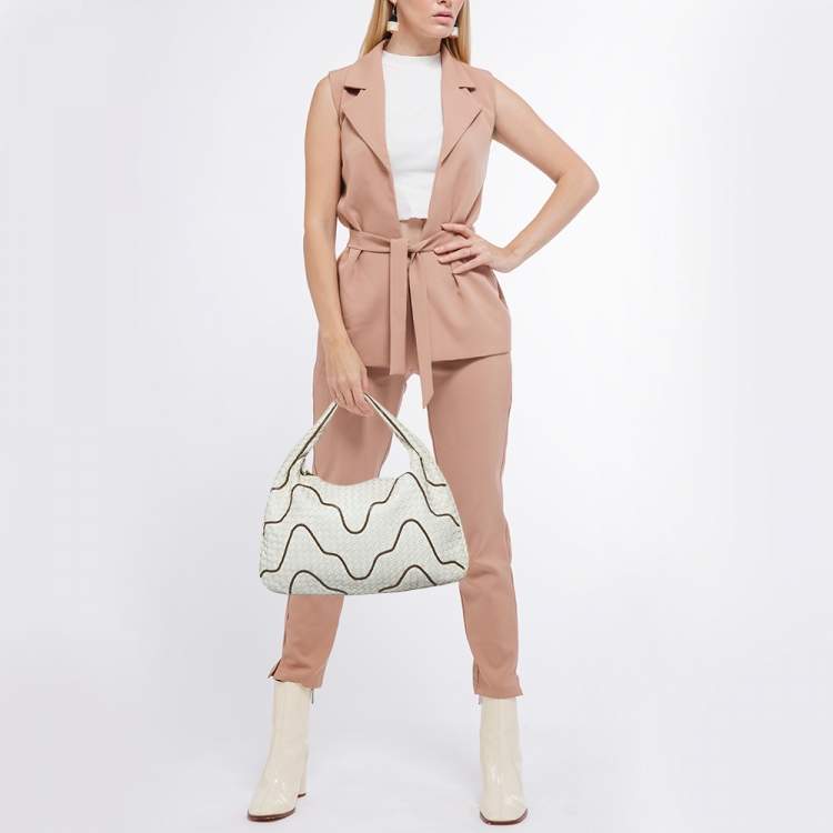 Pre Owned Bottega Veneta Off White Intrecciato Leather Chain Link Veneta Hobo