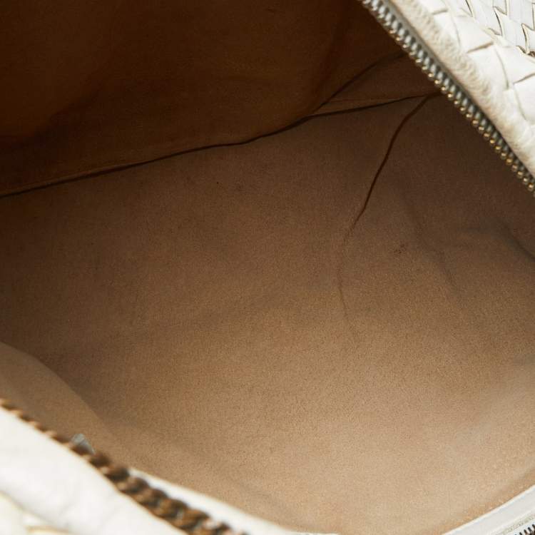 Pre Owned Bottega Veneta Off White Intrecciato Leather Chain Link Veneta Hobo