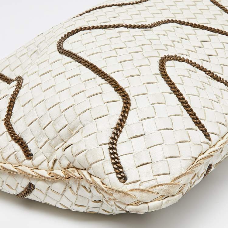 Pre Owned Bottega Veneta Off White Intrecciato Leather Chain Link Veneta Hobo
