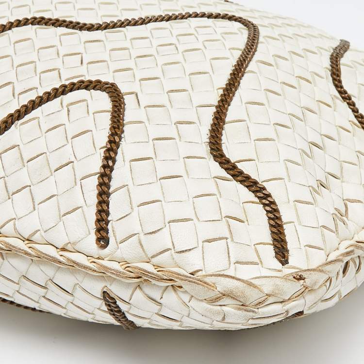 Pre Owned Bottega Veneta Off White Intrecciato Leather Chain Link Veneta Hobo