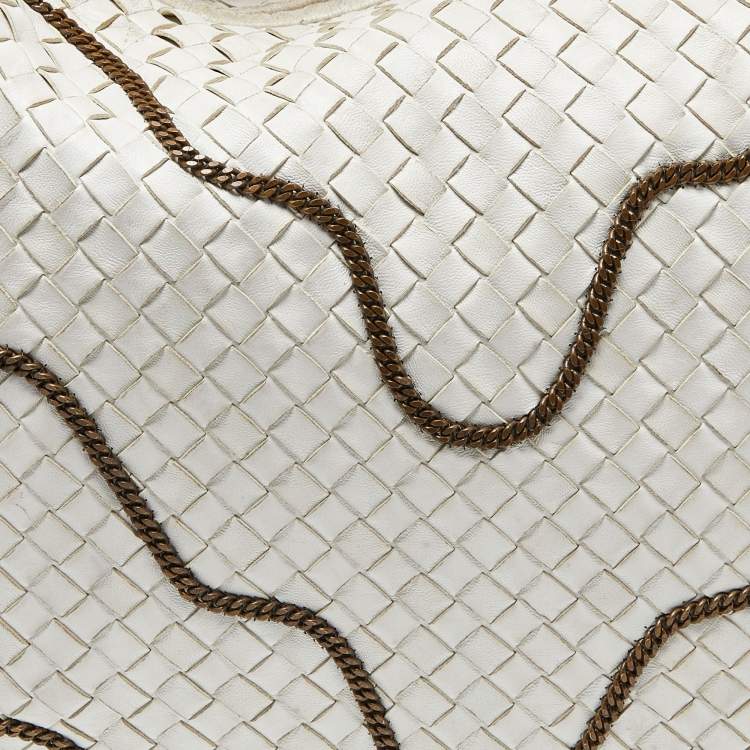 Pre Owned Bottega Veneta Off White Intrecciato Leather Chain Link Veneta Hobo
