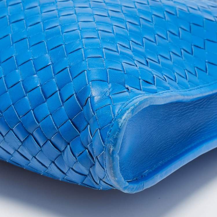 Pre Owned Bottega Veneta Blue Intrecciato Leather Zip Briefcase Bag
