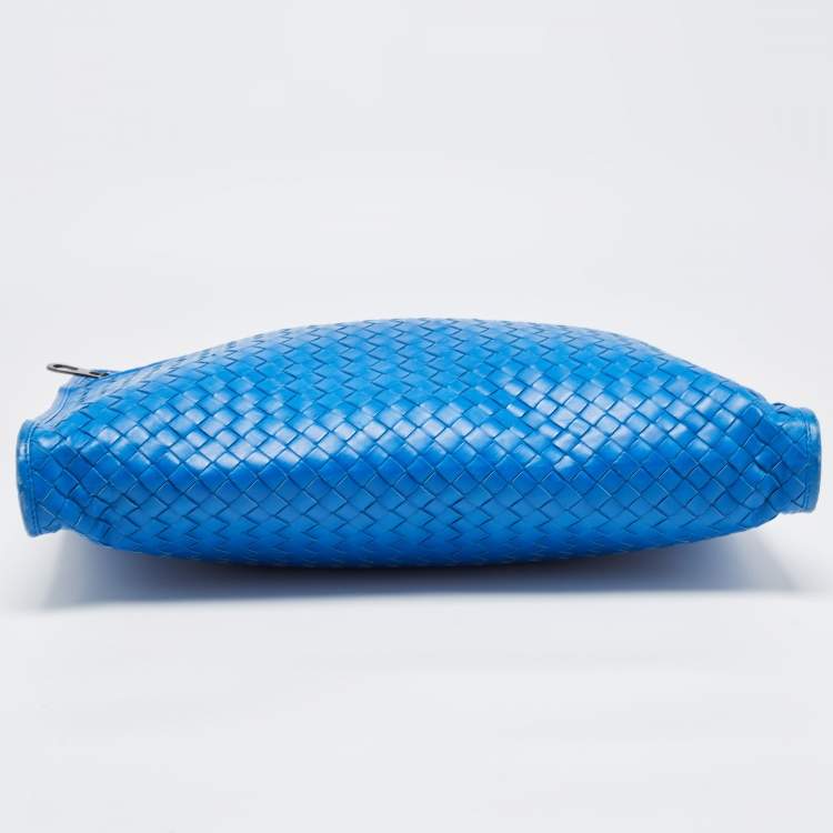 Pre Owned Bottega Veneta Blue Intrecciato Leather Zip Briefcase Bag