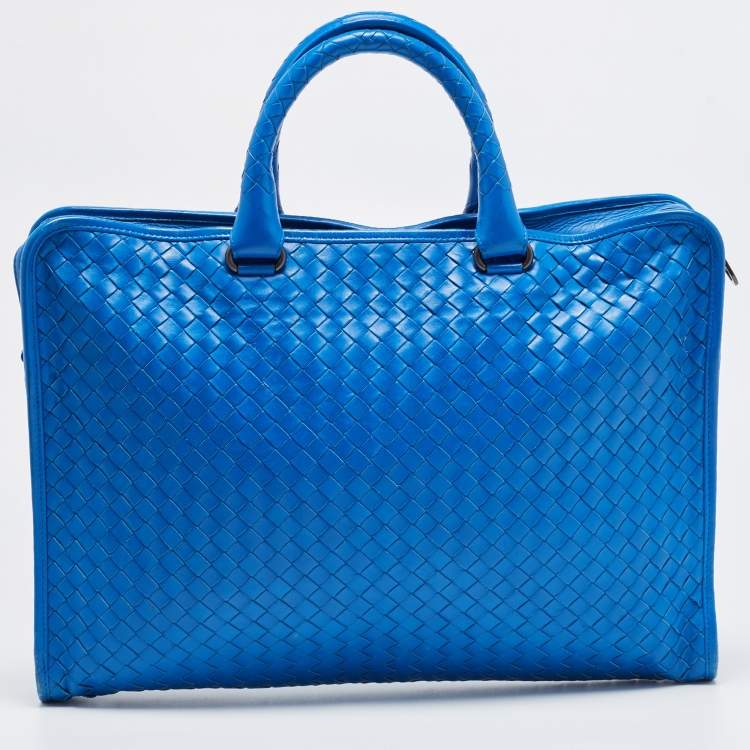 Pre Owned Bottega Veneta Blue Intrecciato Leather Zip Briefcase Bag