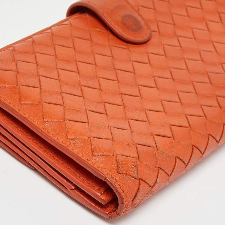 Pre Owned Bottega Veneta Orange Intrecciato Leather Flap Continental Wallet