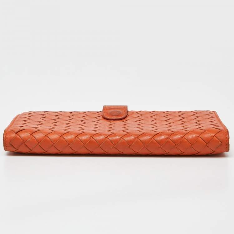 Pre Owned Bottega Veneta Orange Intrecciato Leather Flap Continental Wallet