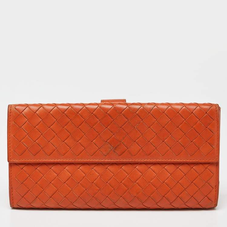 Pre Owned Bottega Veneta Orange Intrecciato Leather Flap Continental Wallet