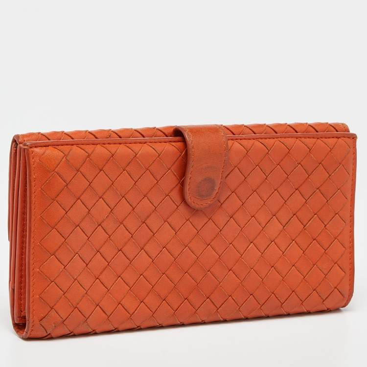 Pre Owned Bottega Veneta Orange Intrecciato Leather Flap Continental Wallet