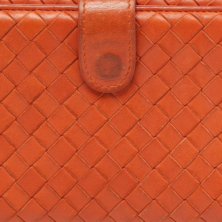 Pre Owned Bottega Veneta Orange Intrecciato Leather Flap Continental Wallet