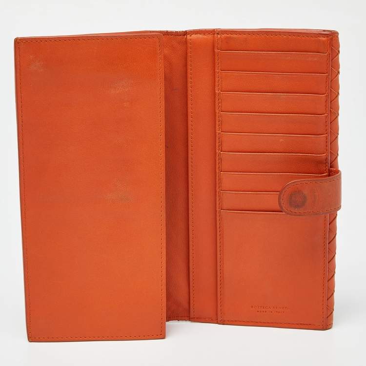 Pre Owned Bottega Veneta Orange Intrecciato Leather Flap Continental Wallet