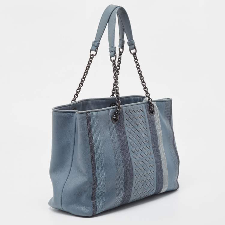 Pre Owned Bottega Veneta Light Blue Intrecciato Leather Stripe Chain Tote