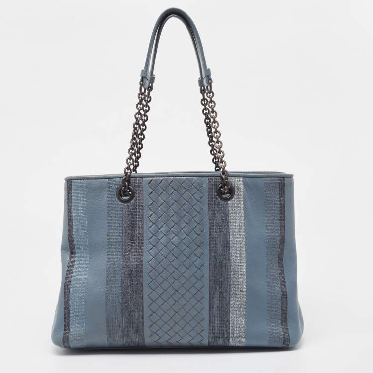 Pre Owned Bottega Veneta Light Blue Intrecciato Leather Stripe Chain Tote