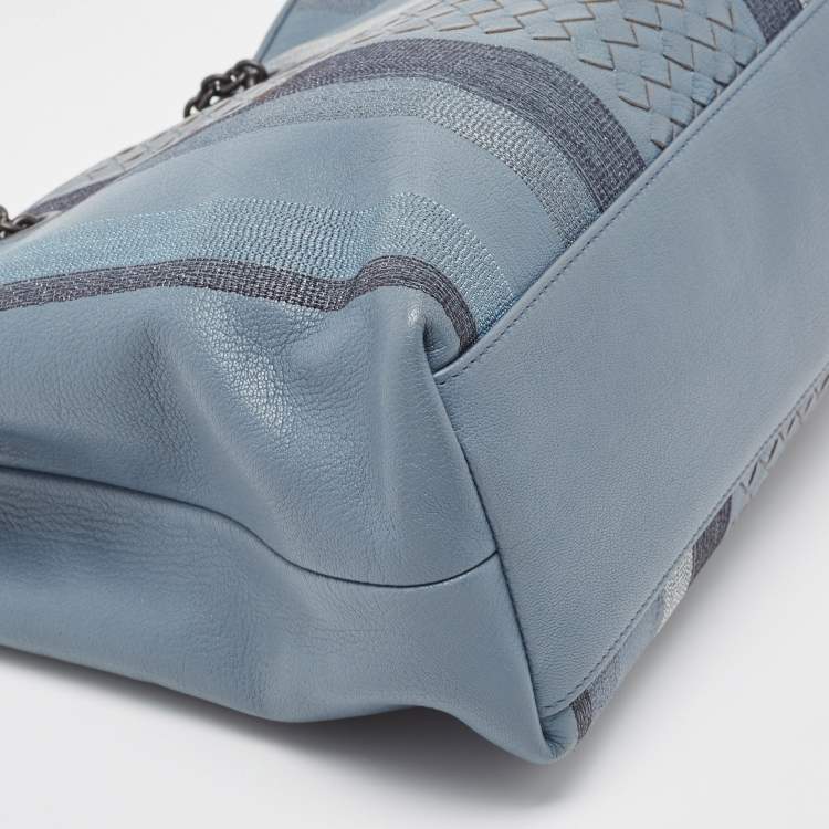 Pre Owned Bottega Veneta Light Blue Intrecciato Leather Stripe Chain Tote