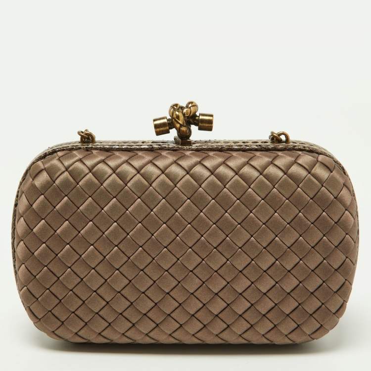 Pre Owned Bottega Veneta Brown Intrecciato Satin and Watersnake Leather Knot Chain Clutch