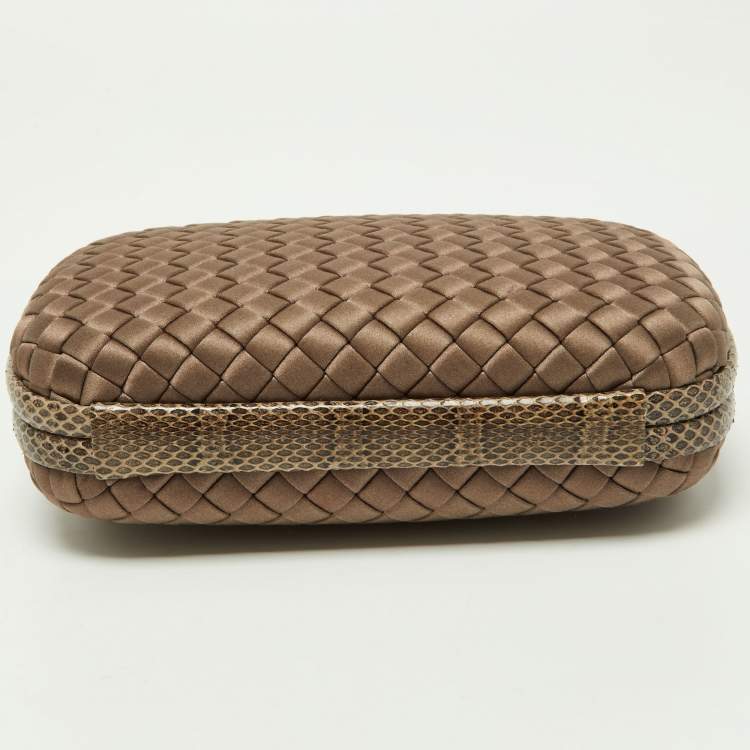 Pre Owned Bottega Veneta Brown Intrecciato Satin and Watersnake Leather Knot Chain Clutch
