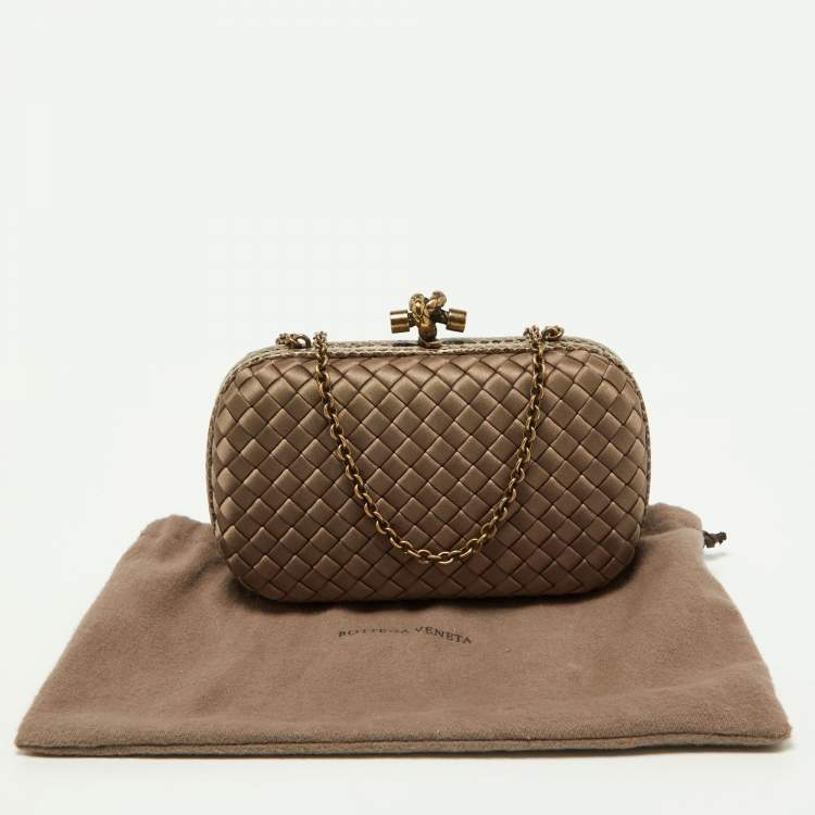 Pre Owned Bottega Veneta Brown Intrecciato Satin and Watersnake Leather Knot Chain Clutch