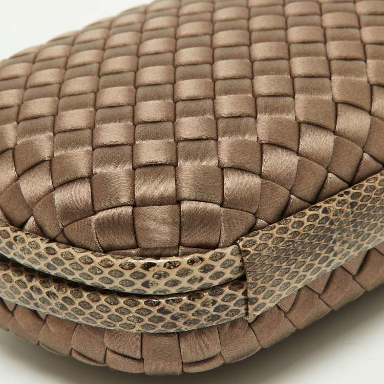 Pre Owned Bottega Veneta Brown Intrecciato Satin and Watersnake Leather Knot Chain Clutch