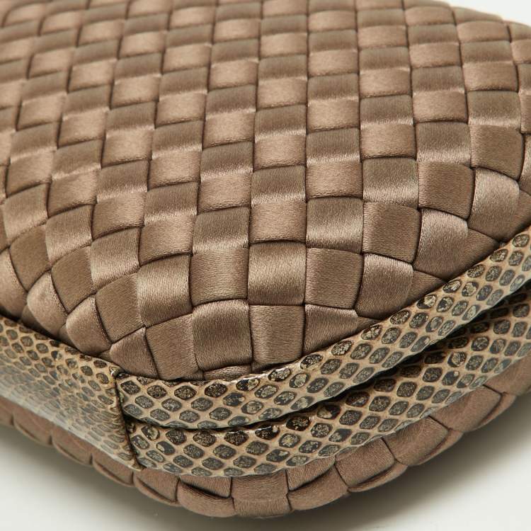 Pre Owned Bottega Veneta Brown Intrecciato Satin and Watersnake Leather Knot Chain Clutch