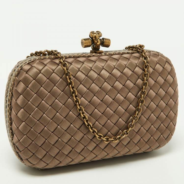 Pre Owned Bottega Veneta Brown Intrecciato Satin and Watersnake Leather Knot Chain Clutch