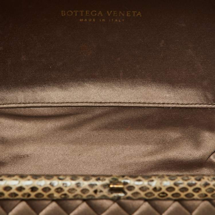 Pre Owned Bottega Veneta Brown Intrecciato Satin and Watersnake Leather Knot Chain Clutch