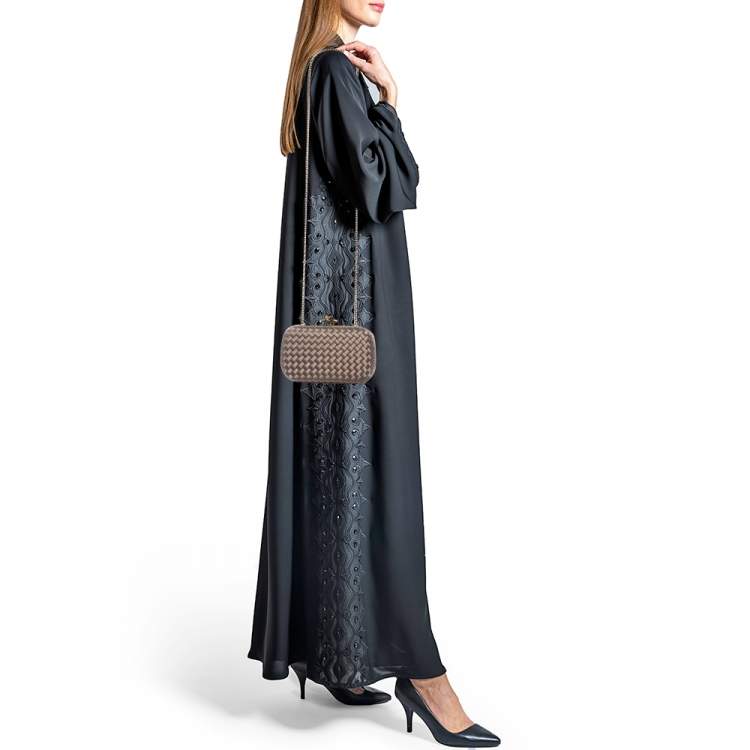 Pre Owned Bottega Veneta Brown Intrecciato Satin and Watersnake Leather Knot Chain Clutch