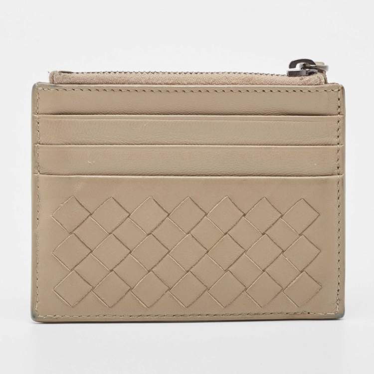 مملوكة مسبقًا Bottega Veneta Grey Intrecciato Leather Zip Card Holder