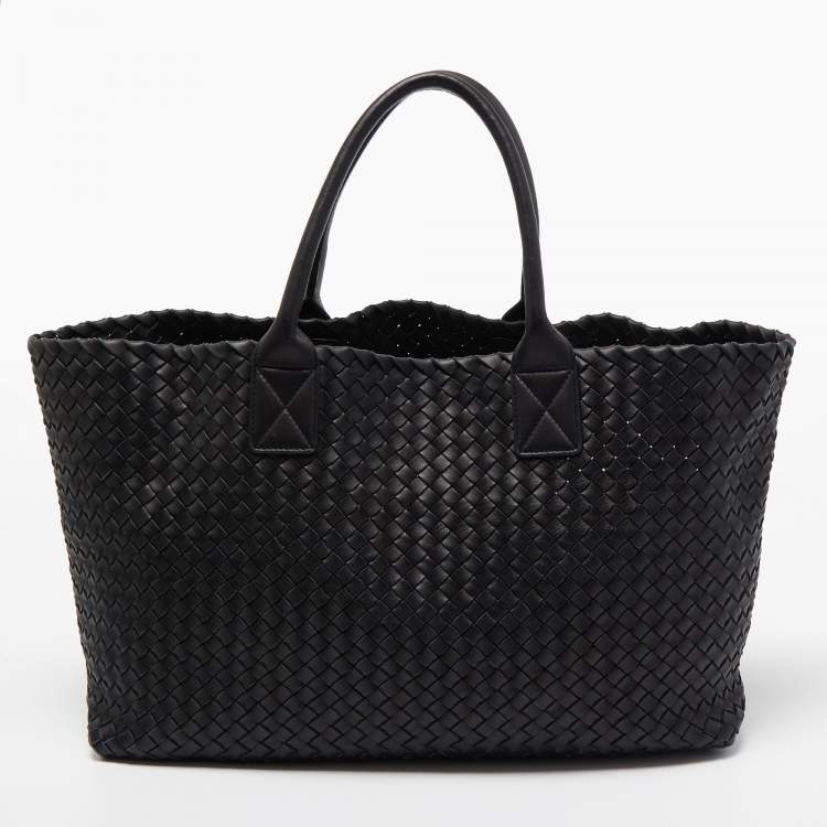 Pre Owned Bottega Veneta Black Intrecciato Leather Cabat Tote