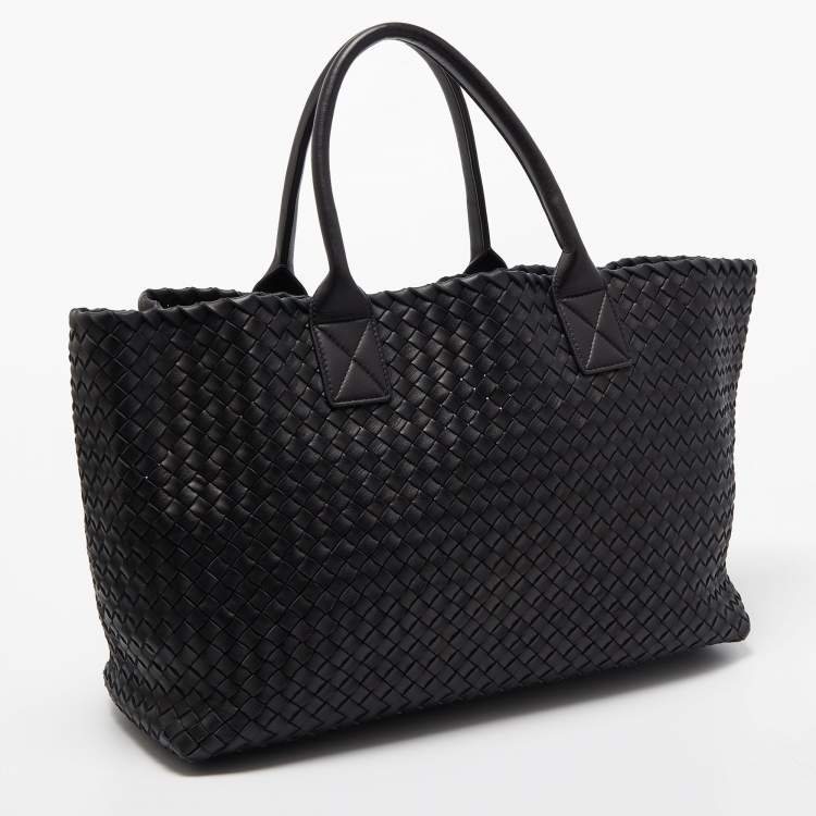 Pre Owned Bottega Veneta Black Intrecciato Leather Cabat Tote