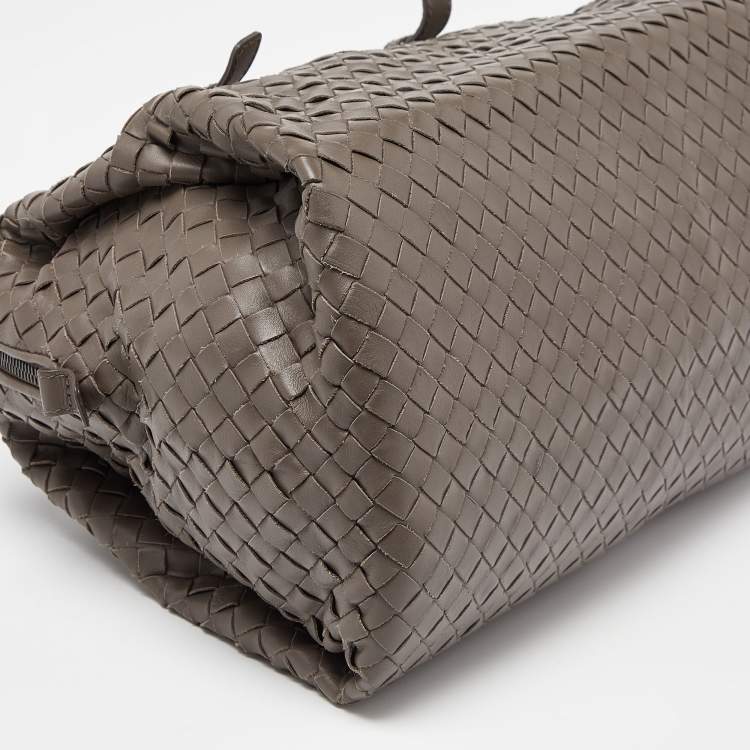 Pre Owned Bottega Veneta Grey Intrecciato Leather Boston Zip Bag