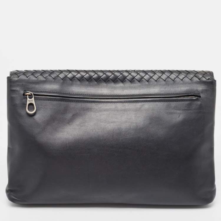 Pre Owned Bottega Veneta Black Intrecciato Leather Flap Snap Pouch