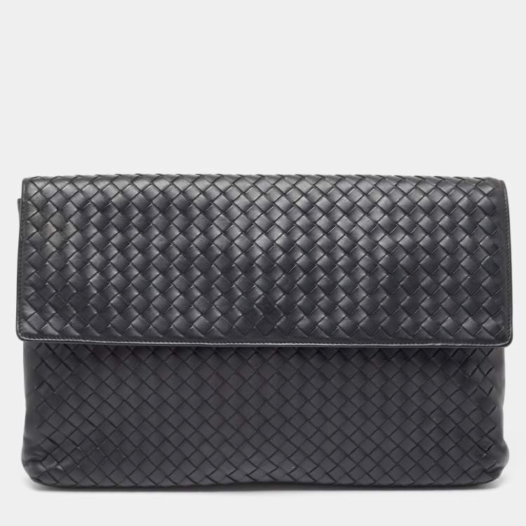 Pre Owned Bottega Veneta Black Intrecciato Leather Flap Snap Pouch