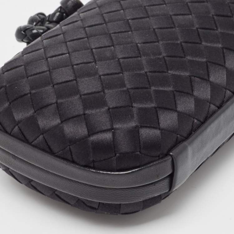 Pre Owned Bottega Veneta Black Intrecciato Satin and Leather Knot Clutch