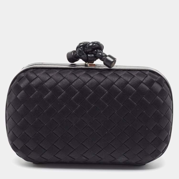 Pre Owned Bottega Veneta Black Intrecciato Satin and Leather Knot Clutch