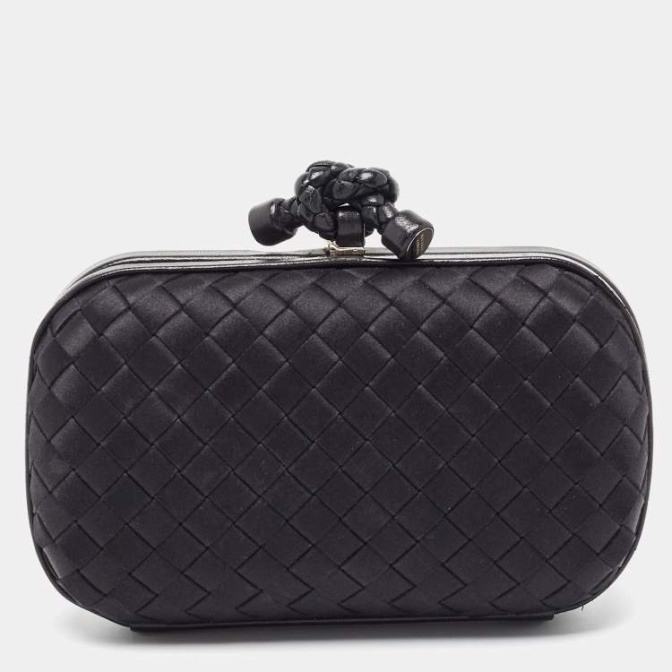 Pre Owned Bottega Veneta Black Intrecciato Satin and Leather Knot Clutch