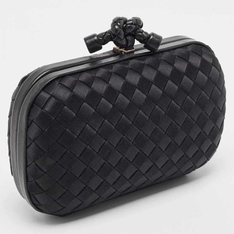 Pre Owned Bottega Veneta Black Intrecciato Satin and Leather Knot Clutch